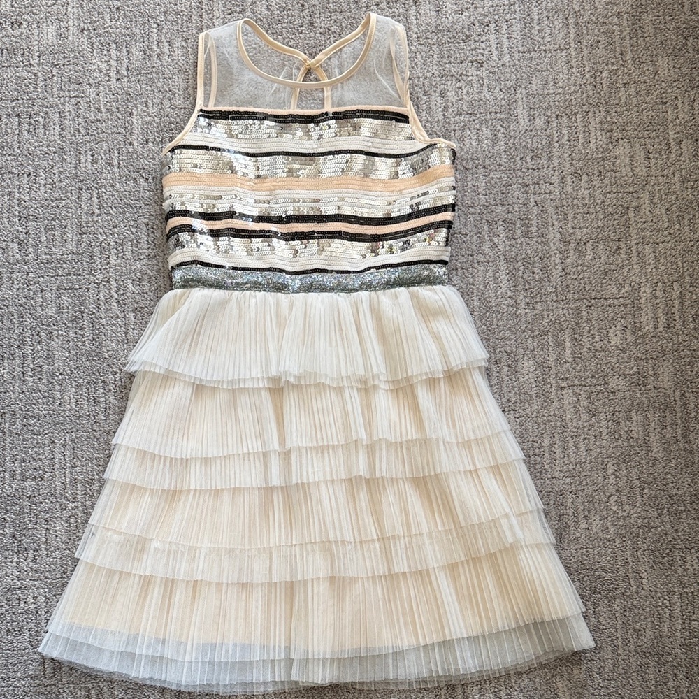 BCBGirls Ivory Tiered Tulle Dress with Sequin Striped Bodice